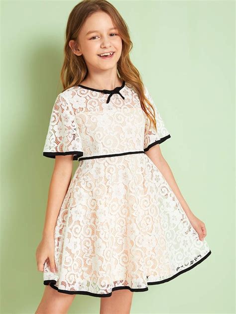 Girls Contrast Binding Bow Front Guipure Lace Overlay Dress Dresses