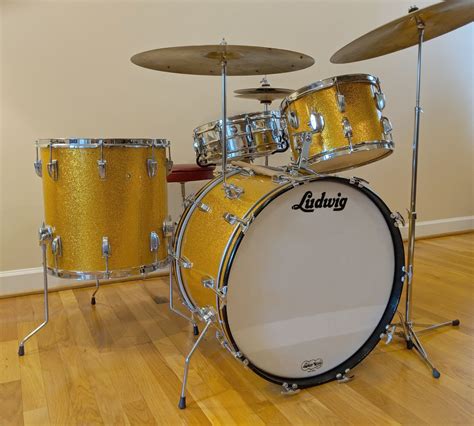 Vintage Ludwig Classic 4 Pc Drum Set W Cymbals Hardware Gold Sparkle 1965