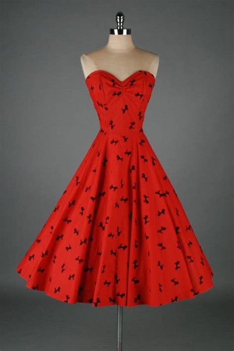 vintage 1950 s red black flocked poodle strapless cocktail dress poodle dress dresses