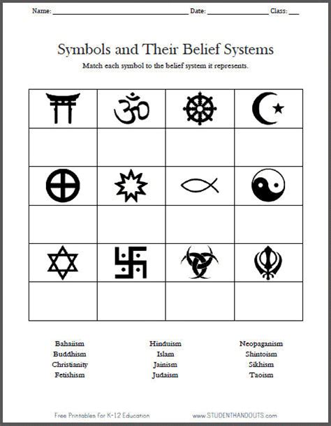 Religious Symbols Matching Worksheet Student Handouts