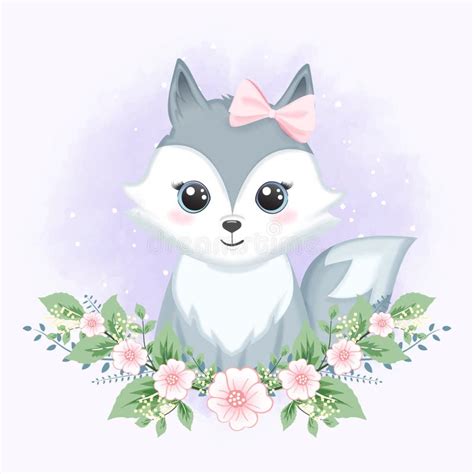 Cute Baby Fox With Flower Hand Drawn Cartoon Animal Illustration Stock