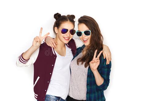 Smiling Teenage Girls In Sunglasses Showing Peace Stock Image Image