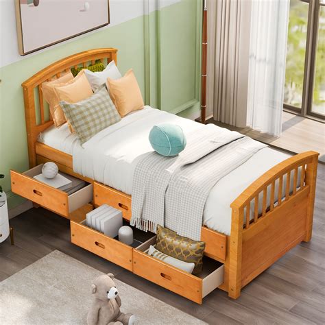 Oak Twin Size Platform Bed With 6 Storage Drawers Modern Wood Platform