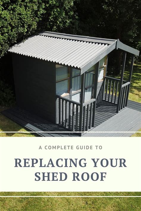 A Small Shed With The Words A Complete Guide To Replacing Your Shed Roof