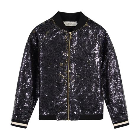 Svnty Girls Black Sequined Bomber Jacket With Striped Cuffs For Girls