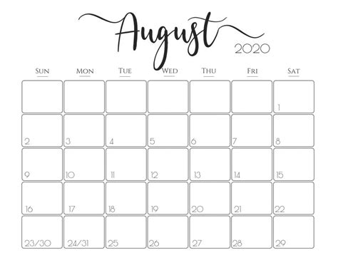 August 2020 Calendar Set Schedule Work From Home