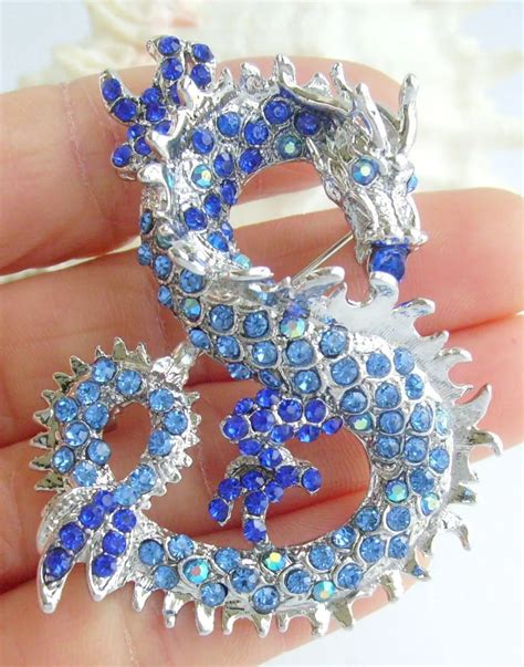 Unique Chinese Dragon Brooch Pin Pendant Blue Rhinestone Crystal