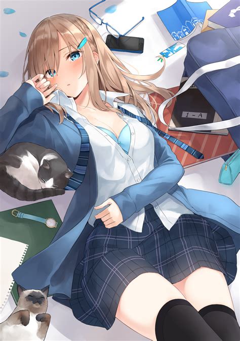 Bra Blushing Cleavage Thigh Highs Blue Eyes Original Characters Anime Cats Azuuru