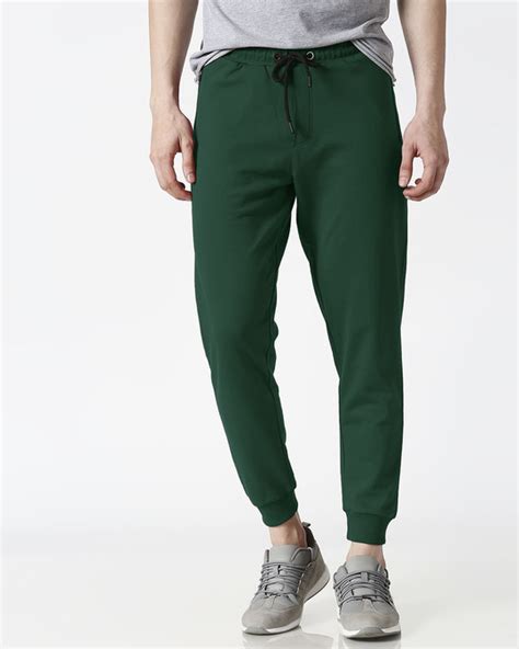 Dark Forest Green Mens Casual Jogger Pants With Zipper Nr Plain