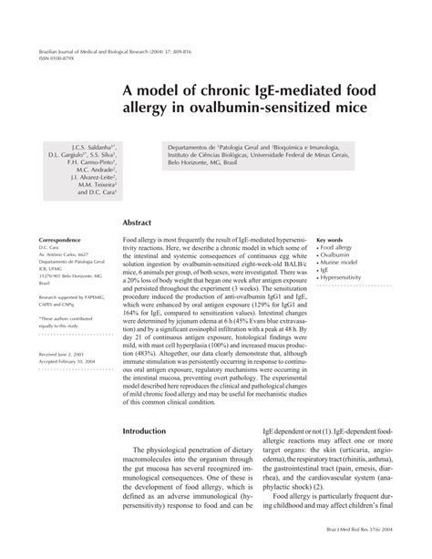 Pdf A Model Of Chronic Ige Mediated Food Allergy In Ovalbumin