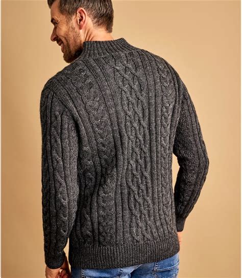 Charcoal Mens Pure Wool Aran Cable Zip Neck Knitted Sweater