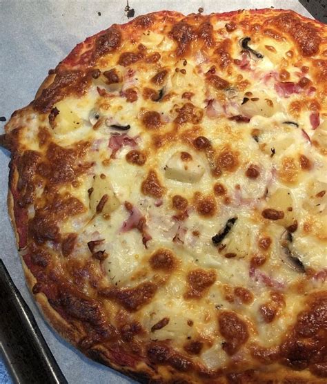 Ham Pineapple Mushroom And Onion Pizza Homemade Dough And Tomato Sauce