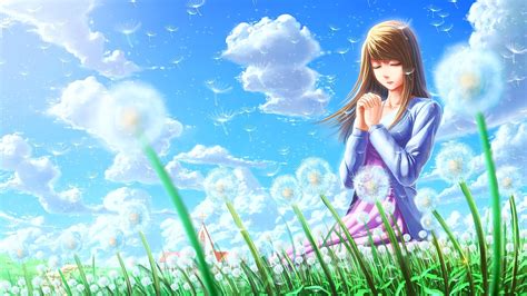 Download Dandelion Flower Cloud Long Hair Anime Girl Anime Girl Hd