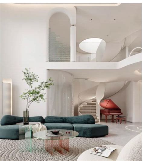 A Living Room Filled With Furniture And A Spiral Staircase