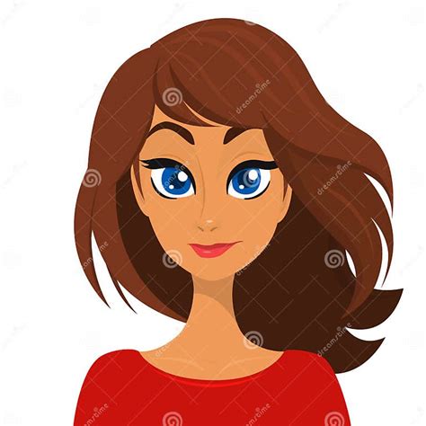 Vector Cartoon Illustration Of A Beautiful Woman Portrait With Brown Hair Stock Vector