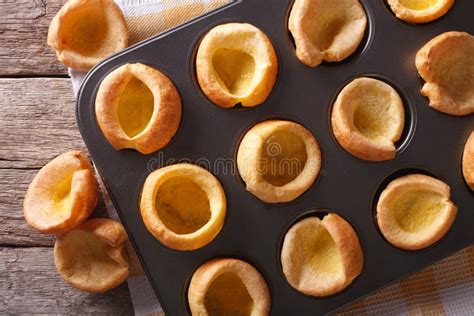 Yorkshire Puddings Baking Dish Closeup Horizontal Top View Stock Photos