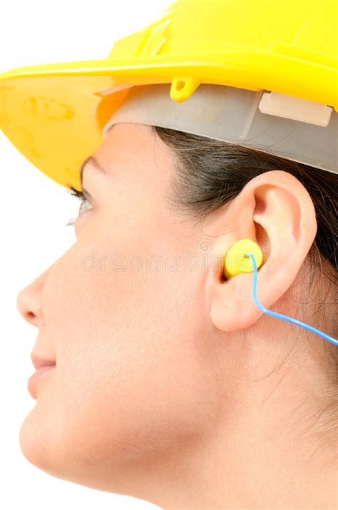 Woman With Protective Equipment And Earplugs Stock Photo Image Of