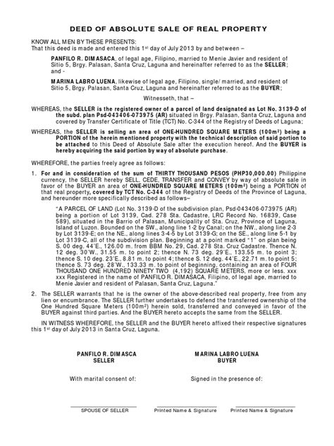Deed Of Sale Of Real Estate Portion100 Deed Real Property Law