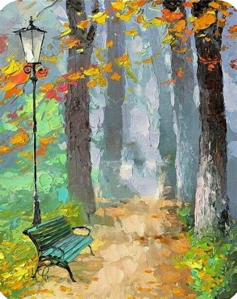 A Painting Of A Park Bench And Lamp Post In The Fall Forest With Leaves