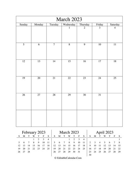 Editable Calendar March 2023