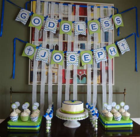 Blue Chevron And Lime Green First Communion Dessert Table