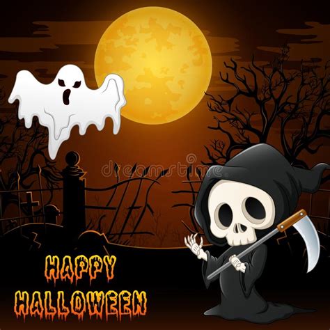Halloween Costumes With Grim Reaper And Flying Ghost Stock Vector
