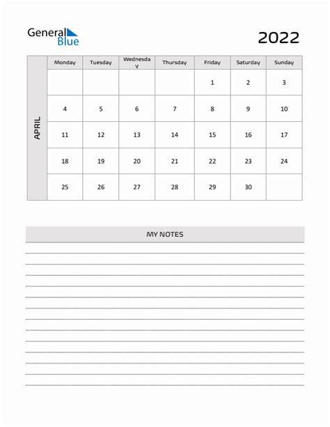 April 2022 Printable Monthly Calendar With Notes