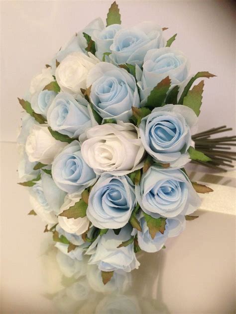 Light Blue And White Roses Posy 33 Buds Wedding Bouquet Artificial Silk