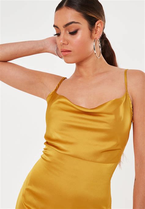 Mustard Satin Cowl Cami Slip Midi Dress Sponsored Cowl Affiliate