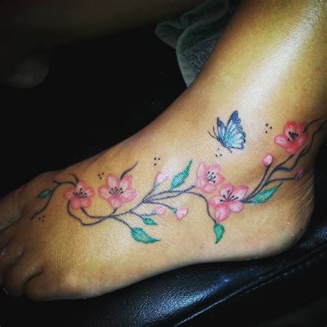 Colourful Girly Foot Tattoo Butterflies Flowers And Vines Tattoos