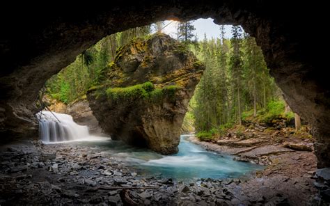 Download Wallpapers Mountain River Forest Cave Grotto