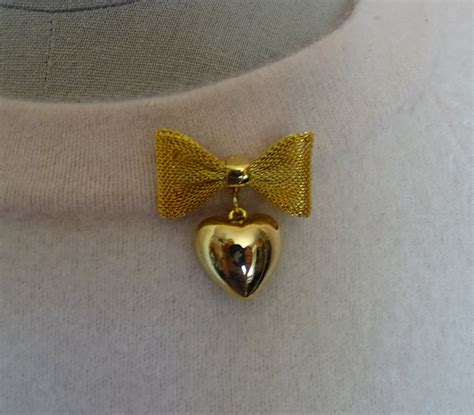 Vintage Bow And Heart Brooch Mesh Bow With Hanging Heart Pin Etsy