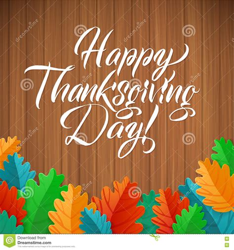 Happy Thanksgiving Day Oak Leaves On Wood Background Happy
