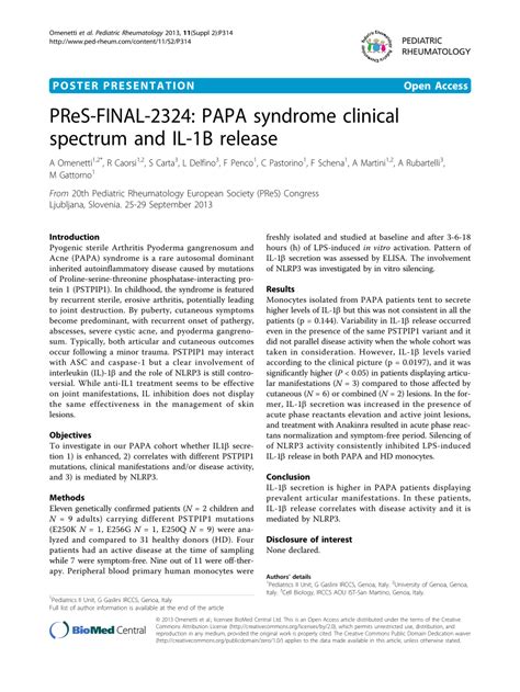 Pdf Pres Final 2324 Papa Syndrome Clinical Spectrum And Il 1Β Release