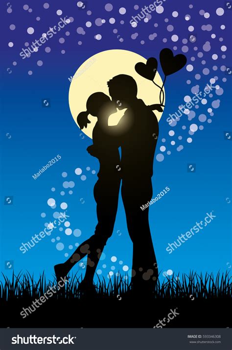 Silhouette Vector Illustration Romantic Lovers Kissing Vector Có Sẵn