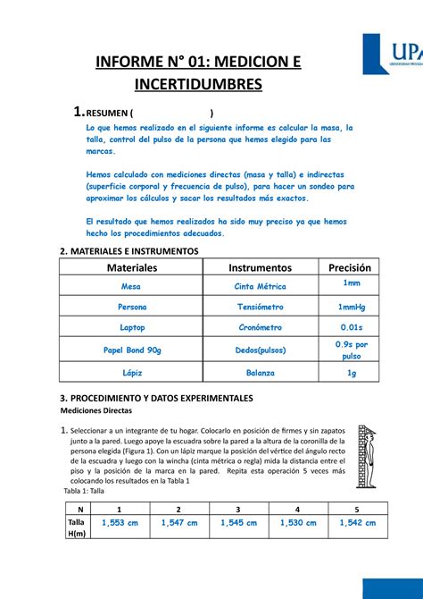 Informe Medicion E Incertidumbres Biof Sica Upao Studocu