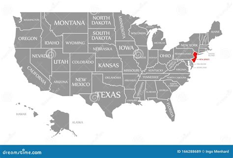 New Jersey Red Highlighted In Map Of The United States Of America Stock