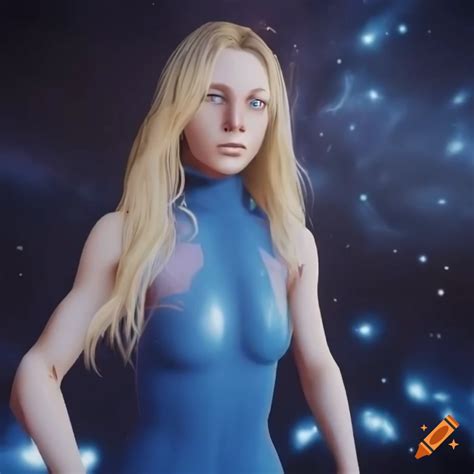 Unreal Engine 5 Pleiadian Girl With Long Blonde Hair Blue Eyes And Blue Jumpsuit With Nebula On