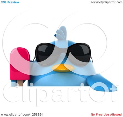 Clipart Of A 3d Chubby Blue Bird Wearing Sunglasses And Holding A
