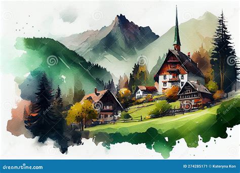 A Charming Illustration Of A Green Village Surrounded By Mountains