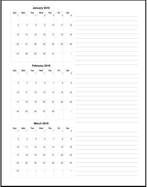 2019 1st Quarter Calendar Planner Calendar Template Quarterly