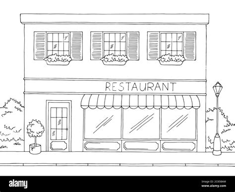 Restaurant Exterior Graphic Black White Sketch Illustration Vector