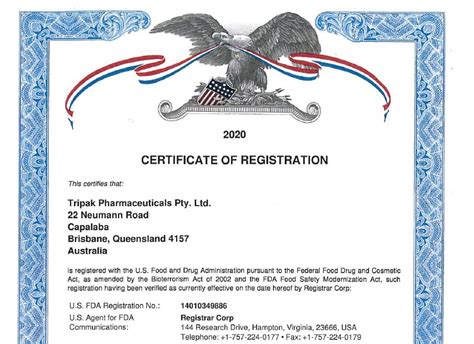 Licences And Certificates Tripak Pharmaceuticals Brisbane