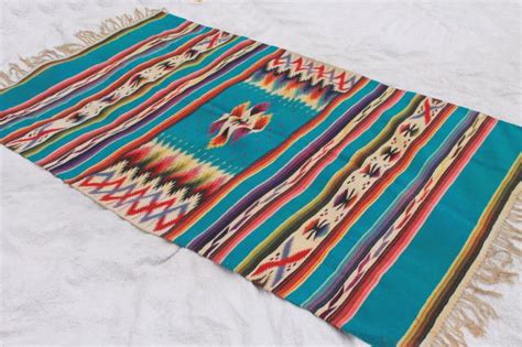 Vintage Mexican Indian Wool Blanket Rug W Fringe Turquoise W Bright