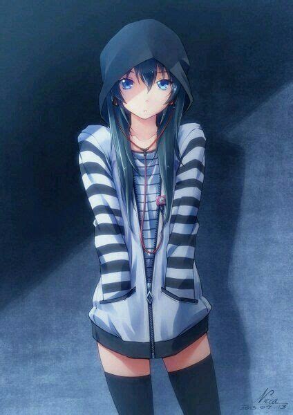 Blue Hair Anime Girl Wearing Hoodie Anime Tyttö Anime