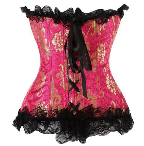 Ruffled Lining Floral Jacquard Lace Up Overbust Corset Plus Size