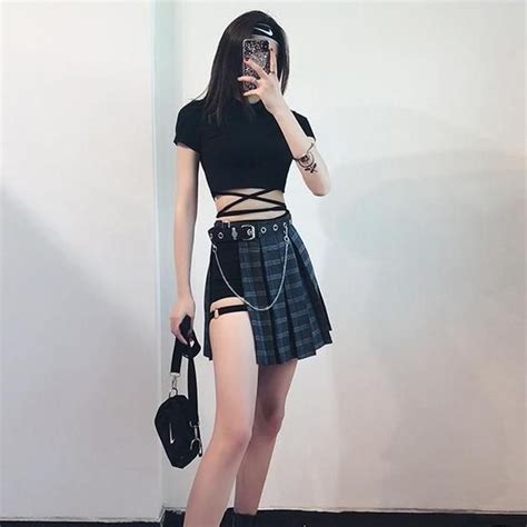 K Pop Kpop Korean Black Pink Punk Plaid Skirt Black Short Belt Sd00125 Syndrome Cute Kawaii