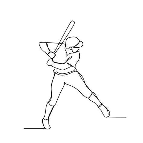 Baseball Player Hitter Swinging With Bat One Line Drawing Vector