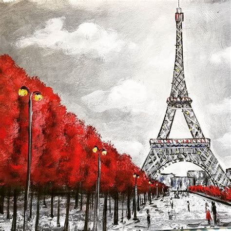 Angela Anderson Acrylic Painting Paris Eiffel Tower With Red Trees