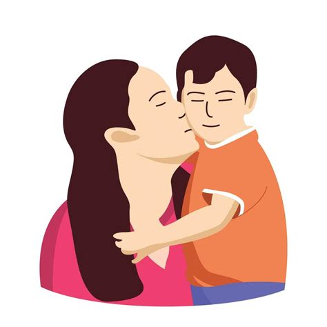 Madre Besos Su Hijo En El Mejilla Participación Y Abrazando Amoroso Plano Personaje Dibujo